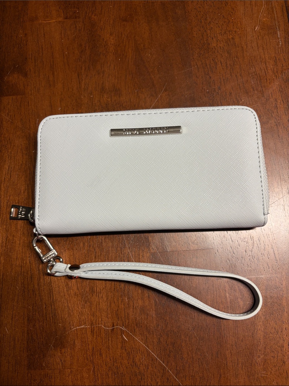 Steve Madden White Saffiano Zip Wristlet Wallet with Silver Hardware